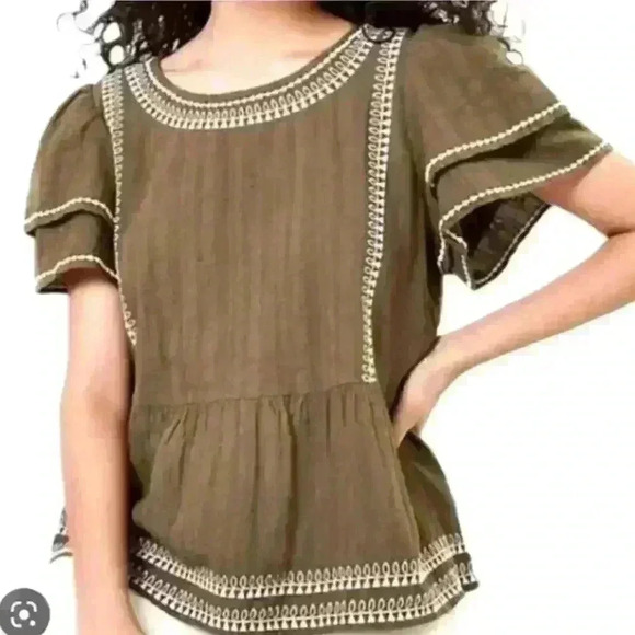 LOFT Women's Petite Medium Olive Green Embroidered Peplum Blouse - Picture 5 of 5